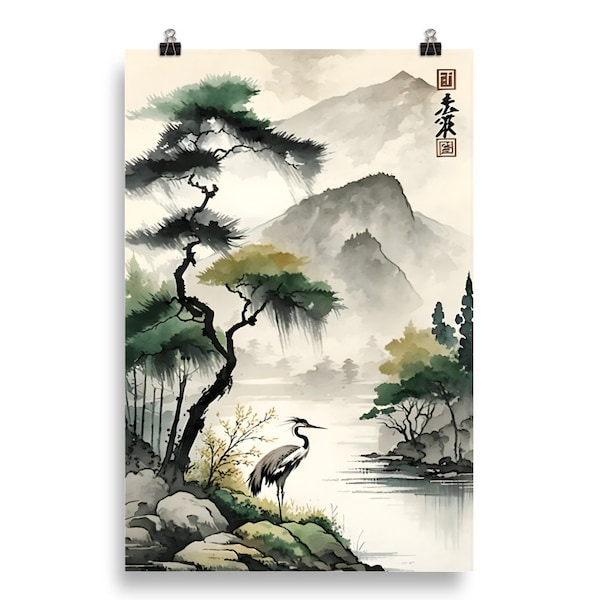Arte Japonés - Paisaje Montañoso y Río - Árboles Tradicionales y Grulla - Estilo Ukiyo-e Decoración de Pared.