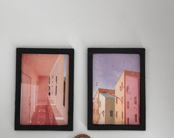 OOAK set of 2 miniature color photographs in black frames- Pink architecture