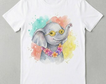 Schattig T‑shirtontwerp aquarel olifant – kawaii olifant met bril, bloemen lei, kleurrijke png voor kinderen digitale download shirts en cadeaus
