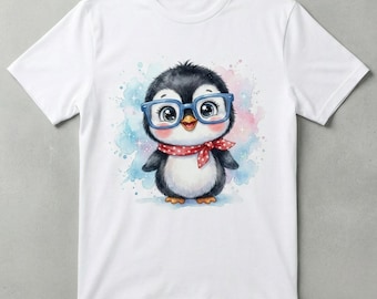 Schattige kawaii pinguïn bril aquarel kinderillustratie, T-shirts met afdrukbaar digitaal bestand, babyrompertjes, posters en gepersonaliseerde cadeaus