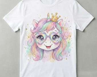 Schattige kawaii eenhoorn png aquarel pastel eenhoorn meisje kroon hart zonnebril glitter regenboog digitale download clipart kinderfeestje