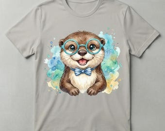 Schattig kawaii otter PNG aquarel otter met bril blauwe vlinderdas pastel digitale download clipart voor kwekerij scrapbooking babyshower ambachten