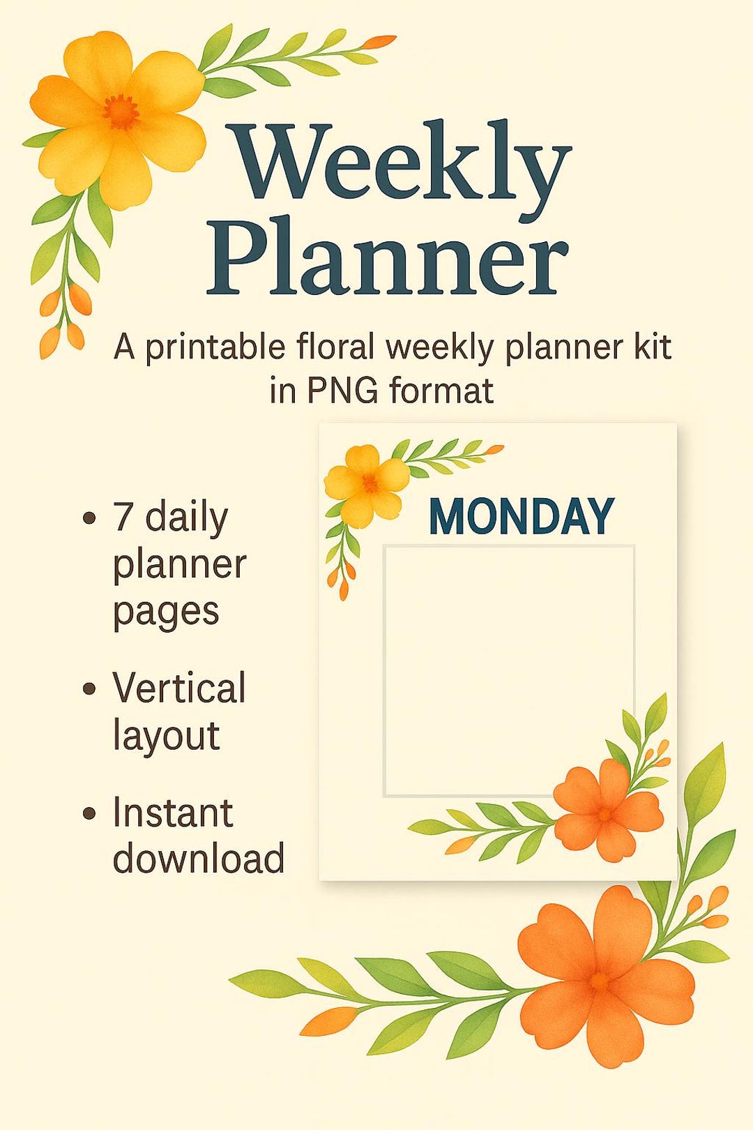 Printable Floral Weekly Planner – Digital Weekly Schedule PNG – Instant ...