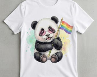 Cute Pride Panda T-shirtontwerp – regenboog vredesvlag aquarel png, bondgenoot shirt kunst, kawaii panda digitale download voor kinderen en volwassenen