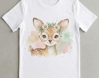 Schattig kawaii fawn png aquarel baby herten bloem kroon glazen pastel bos digitale download clipart voor kwekerij baby shower ambachten