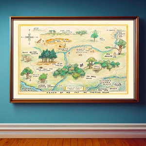 Mappa di legno di 100 acri - Mappa classica Winnie-The-Pooh stampabile, Baby Shower, Festa di compleanno, Centrotavola Decorazione vivaio, Gufo, Coniglio, Maialino