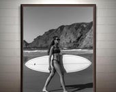Fashion Wall Art Print, Printable Wall Art, Digital Download,Surfer Girl Vintage Photo, Woman With Surfboard Poster Black And White,Beach