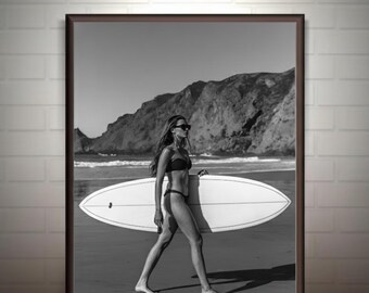 Surfer Girl Photo Print, Black and White Beach Poster (Digital Download)