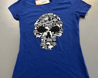 Harley Davidson NWT Skull Women blue Tshirt SM Small Sarasota Florida FL siesta Key Brand New