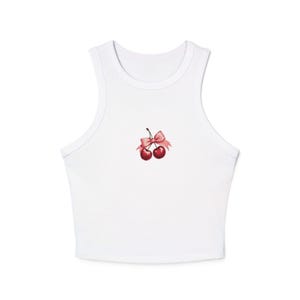 Cherry Bow baby tee, Micro top and rib texture, bright red cherry graphic with baby pink bow on top, girly attire, perfect for everyday