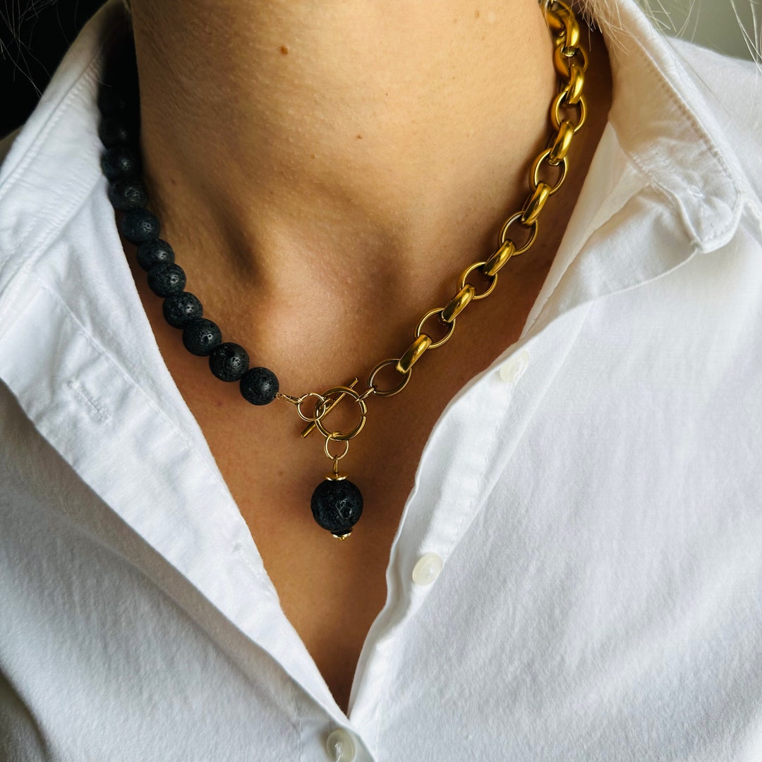Necklace for Women, Half Chain Half Lava Stone, Gold Stainless Steel ...