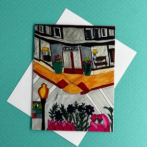 Tarjeta con notas de una pintoresca tienda de un pueblo pequeño, tarjeta con notas de Doves Nest, tienda de Waxahachie, arte popular, hecha a mano, artista sordo, tarjeta doblada única