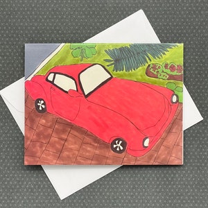 Carte de correspondance rouge VW Karmann Ghia pour anniversaire, merci, voiture rouge, voiture rétro, voiture de sport, contes pour enfants, voiture ancienne, fait main