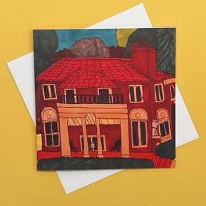 Casa histórica, tarjeta de felicitación, tarjeta de agradecimiento, cuentos infantiles, casa de ladrillo rojo, casa sureña, inauguración de la casa, hecho a mano, artista sordo