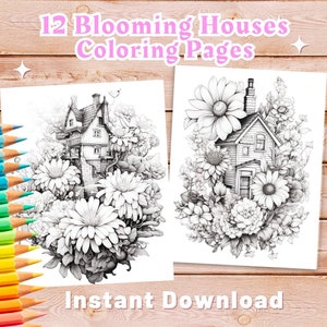 Blooming Fairy Homes Coloring Pages | Adult Coloring Book | Flower Houses | Fairy Houses | Digital Printable PDF | Instant Download