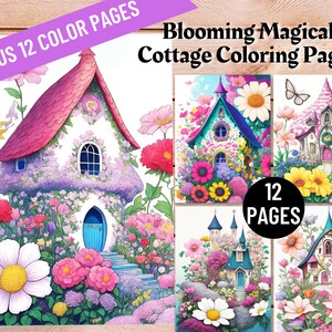 Blooming Fairy Houses | Printable Pdf File | Grayscale Coloring Book For Adults | Adults Kids Coloring Pages | Printable Coloring Pages