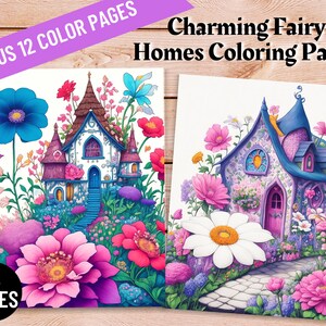 Blooming Fairy Houses Coloring Pages, Magical Cottage, Printable PDF File, Printable Coloring Book For Adults, Adults Kids Coloring Pages