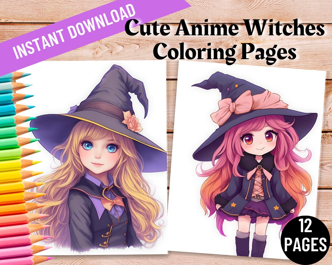 Cute Anime Witches Coloring Pages, Printable PDF File,grayscale