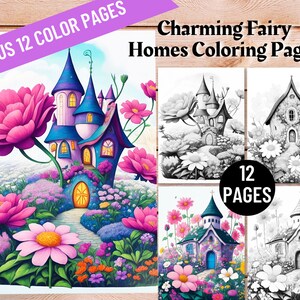 Blooming Fairy Homes, Magical Cottages, Printable Pdf File, Coloring Book For Adults, Adults Kids Coloring Pages, Printable Coloring Pages