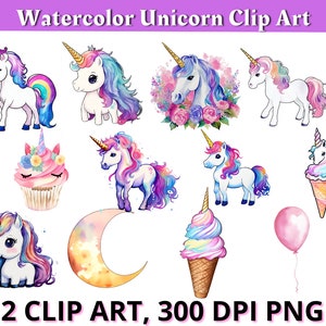 Cute Unicorn Watercolor Clip Art, Magical Unicorn, Party Supplies, Baby Shower, Animal Clipart,Nursery Clipart, PNG Graphics, Commercial Use