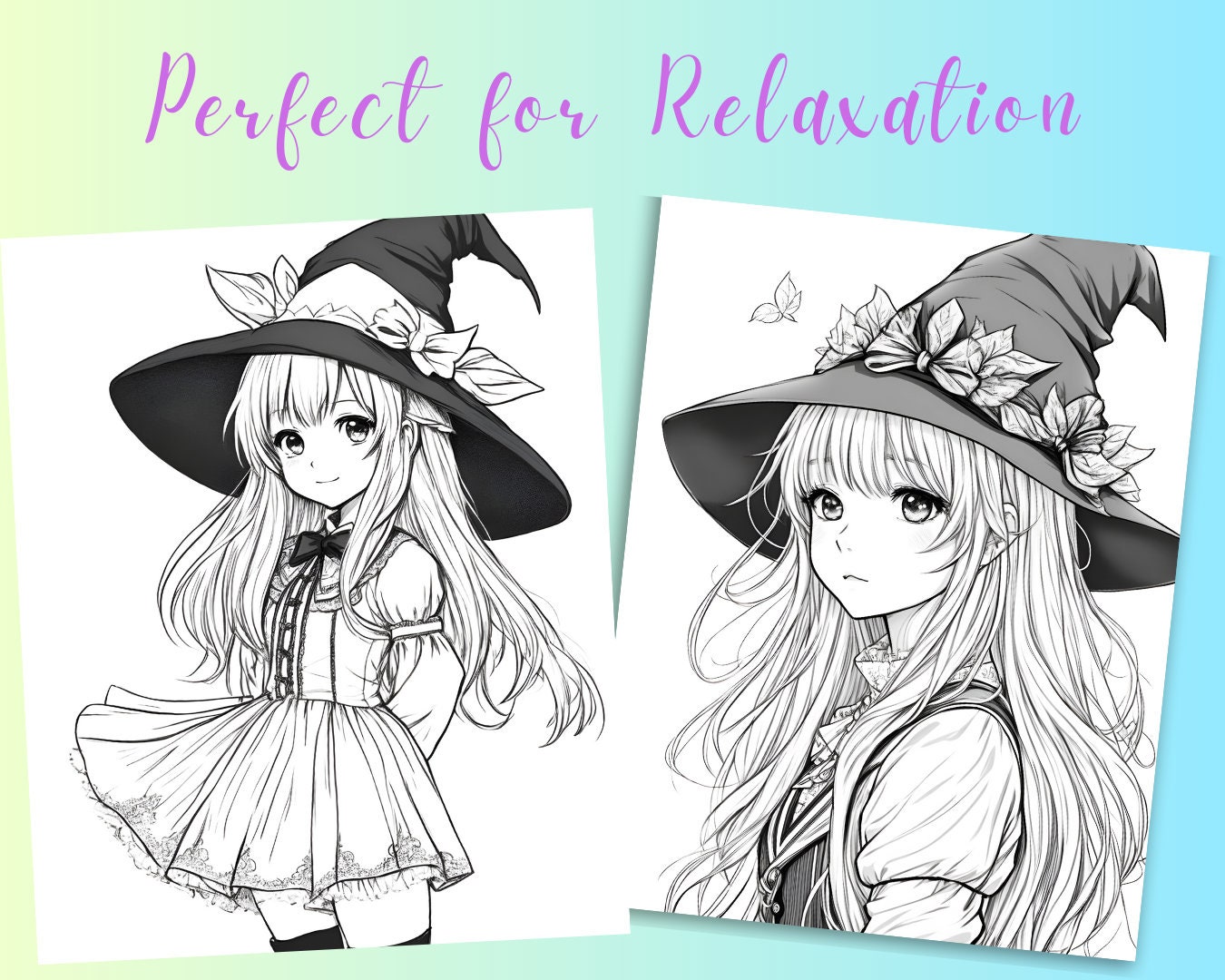 Cute Anime Witches Coloring Pages, Printable PDF File,grayscale