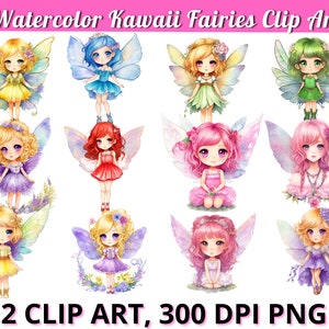 Kawaii Feen Clip Art, Fantasy Fee Illustrationen Grafiken, niedliche Fee Clipart, Aquarell Fee Prinzessin, kommerzielle Nutzung, PNG Download