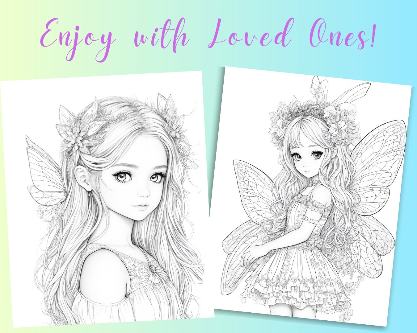 Cute Fairy Girls Coloring Pages, Printable PDF File, Grayscale Coloring ...