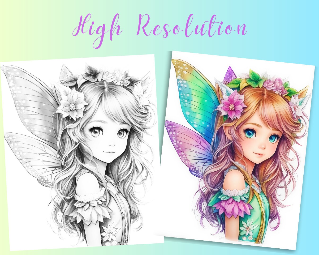 Cute Fairy Girls Coloring Pages, Printable PDF File, Grayscale Coloring ...