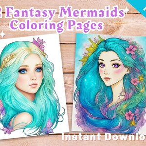 Cute Mermaid Coloring Pages, Printable PDF File, Grayscale Coloring Book For Adults, Adults Kids Coloring Pages, Printable Coloring Pages