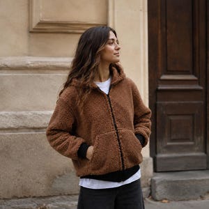 Brown bomber jacket for women made from 100% merino wool – short teddy jacket with hood, zipper and pockets, XS–XL