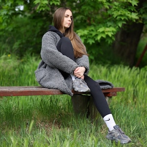 Wool Cardigan Women Gray Long Handmade Virgin Wool Minimalist Boho Coat with Lining Spring Autumn Oversize Gift