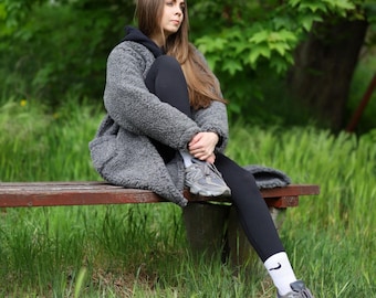 Cárdigan de lana gris para mujer, regalo de San Valentín: chaqueta larga de lana merino hecha a mano con forro, ideal para invierno y otoño.