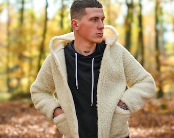 Men's wool jacket with hood 100% lambswool merino wool jacket sheep's wool S-XXXL wool jacket lambswool size natural wool MERINO
