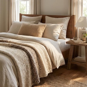 May include: A bedroom scene featuring a wooden bed frame with a neutral-toned linen bedding set. A textured, knitted throw blanket in shades of beige and brown drapes over the bed. The room includes a small wooden side table and a jute rug.