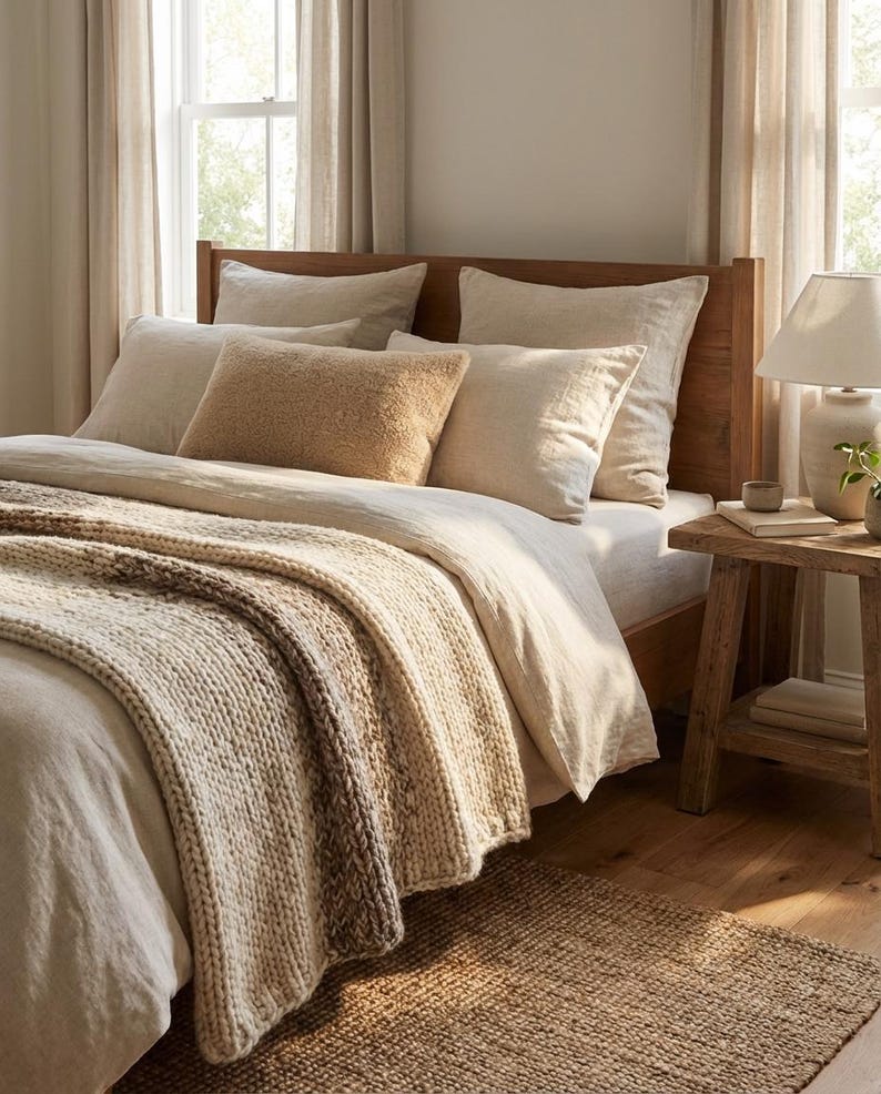 May include: A bedroom scene featuring a wooden bed frame with a neutral-toned linen bedding set. A textured, knitted throw blanket in shades of beige and brown drapes over the bed. The room includes a small wooden side table and a jute rug.