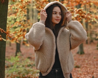 Valentine's Day gift: Merino wool jacket, lambswool, sizes S-XL, 100% merino wool, hooded jacket made of sheep's wool, NEW