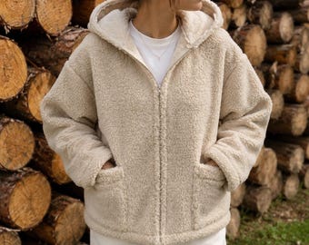 Merino wool jacket, lambswool, sizes S - XXXL, 100% merino wool, hooded jacket made of sheep's wool, natural women's wool, boiled wool