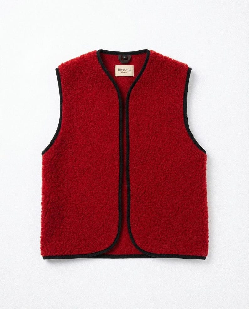 Puede incluir: Un chaleco de forro polar rojo con ribete negro y cuello en V. El chaleco sin mangas tiene un aspecto suave y texturizado y una etiqueta cerca del cuello. Dise&ntilde;o cl&aacute;sico.