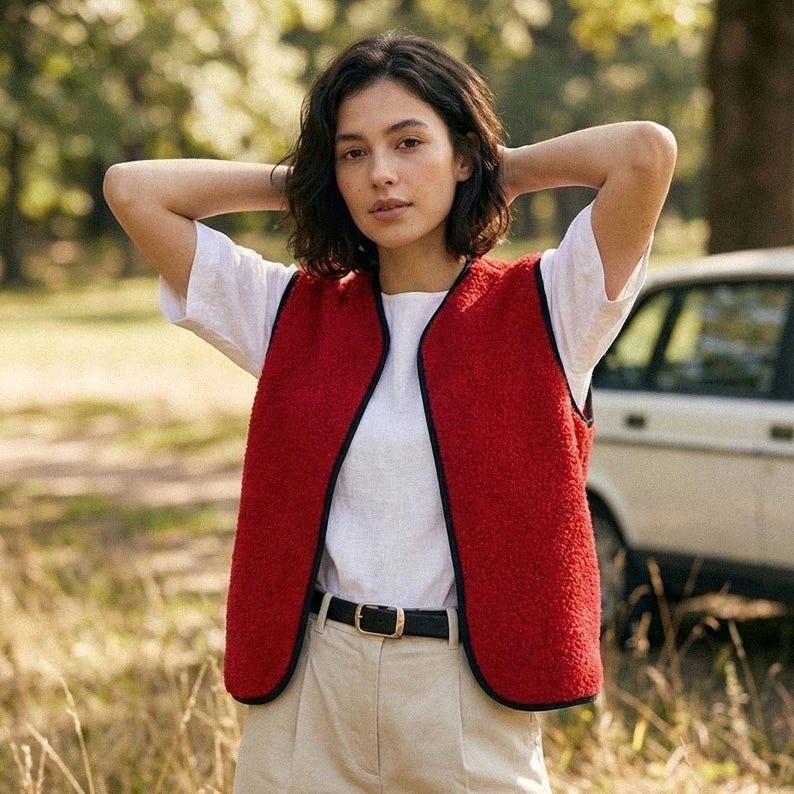 Puede incluir: Un chaleco de forro polar rojo con ribete negro se usa sobre una camiseta blanca y pantalones beige. El chaleco tiene una apariencia texturizada y un dise&ntilde;o simple y abierto. Se ve un cintur&oacute;n negro con hebilla dorada.