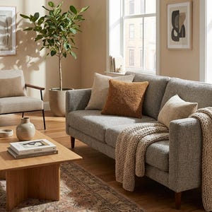 May include: A living room scene featuring a gray sofa with decorative pillows and a knitted throw. A wooden coffee table holds books and a vase. A potted plant and abstract art complete the cozy, neutral-toned space.