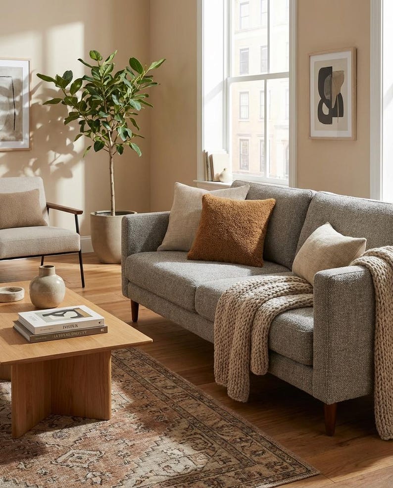 May include: A living room scene featuring a gray sofa with decorative pillows and a knitted throw. A wooden coffee table holds books and a vase. A potted plant and abstract art complete the cozy, neutral-toned space.