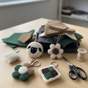 Puede incluir: Llaveros hechos a mano y cuadrados de tela en varios colores, incluyendo verde, beige y blanco. Los llaveros presentan diseños de ovejas, flores y geométricos. También hay unas tijeras y una bobina de hilo.