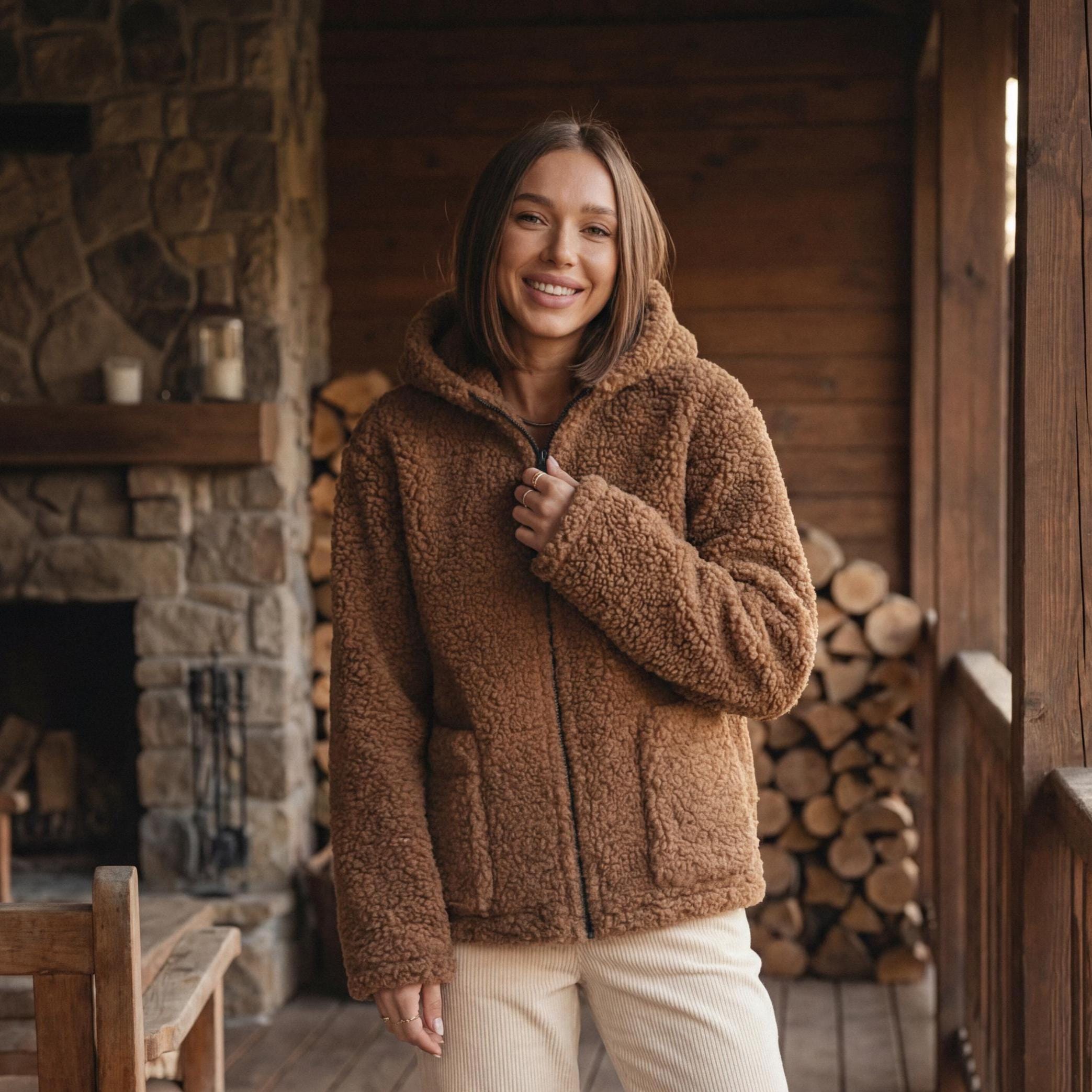 Brown wool jacket for women made from 100% merino wool - teddy jacket with high collar, zipper and pockets, XS-XXXL