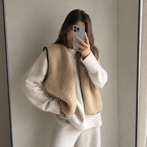 Damullväst tillverkad av 100 % merinoull, teddyväst, varm vinterväst, ärmlös jacka, handgjord, kokt ull-look