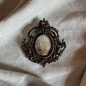 Tiny Landscape Oil Painting in Gold Frame, Antique Brass Frame with Handmade Oil Painting, Vintage Style Painting Frame