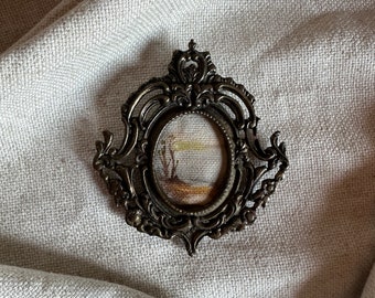 Pequeña pintura al óleo de paisaje en marco dorado, marco de latón antiguo con pintura al óleo hecha a mano, marco de pintura de estilo vintage