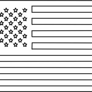 May include: A black and white line drawing of the American flag. The flag has 13 horizontal stripes and a field of blue stars in the upper left corner.