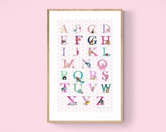 May include: A framed alphabet poster with a pink background and white stars. Each letter is decorated with a colorful animal illustration. The poster is hanging on a pink wall.