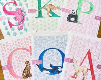 Alphabet Initial animal gift card with envelope
