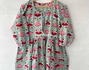 Indian Cotton Block Print Dress, Boho Maxi Dress with Pockets